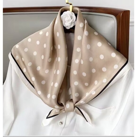 Luxury Elegant Silky Square Scarf Beige White Polka Dot Print Head Wrap Bandana - Picture 4 of 8